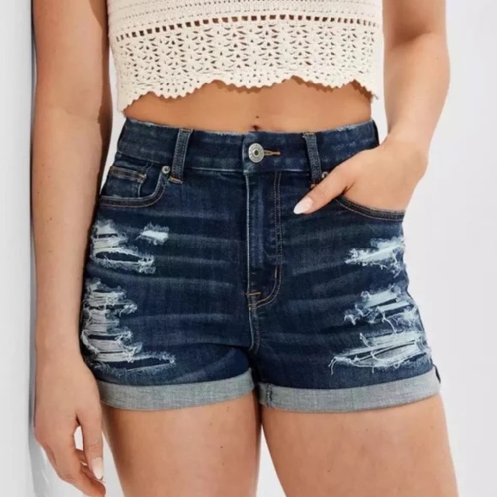 American Eagle Hi-Rise Shortie Dark Denim Shorts Next Level Stretch Distressed 2